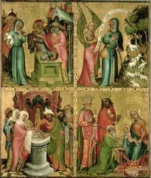 Joachims Opfer, die Beschneidung Christi, die Verkündigung an St. Joachim und die Anbetung der Magier vom linken Flügel des Buxtehude-Altars, 1400-10
